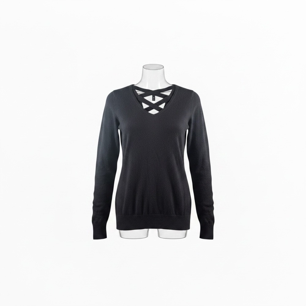 Love Ellie Sweater Womens XS Black Excellent Lace Up Crisscross Back V-Neck Knit